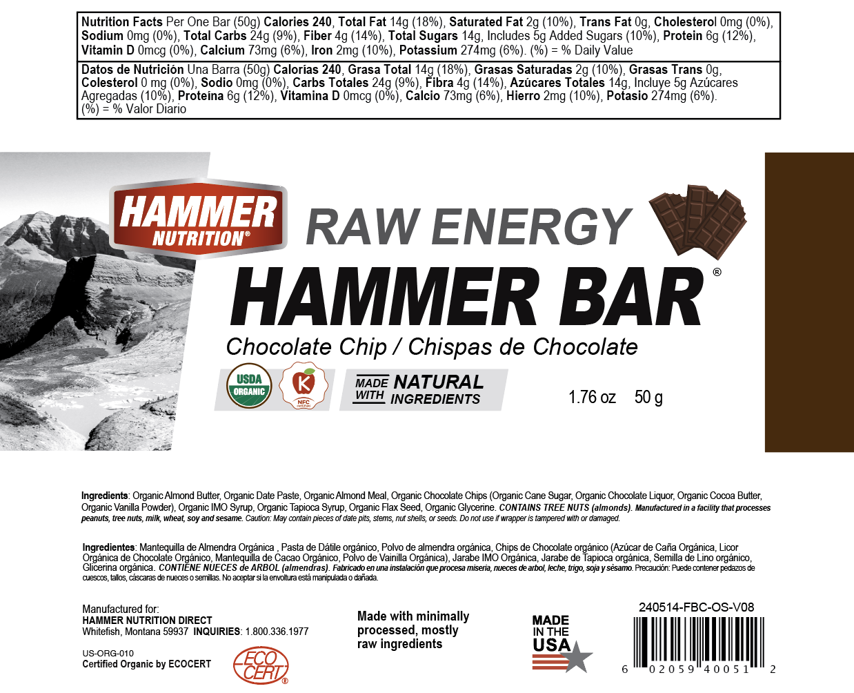 Hammer Nutrition - Raw Energy Food Bar, Box of 12, Chocolate Chip