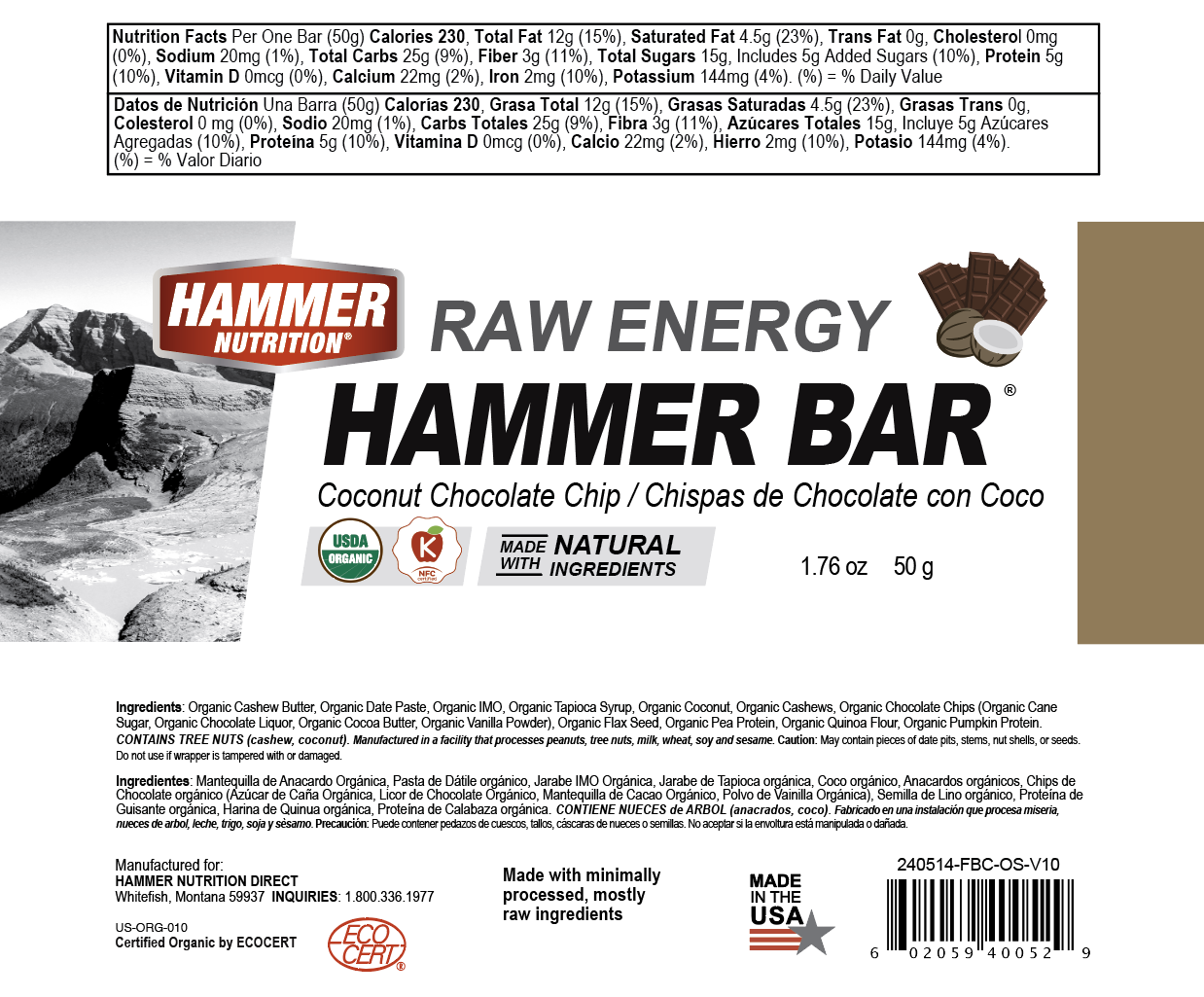 Hammer Nutrition - Raw Energy Food Bar, Box of 12, Coconut Chocolate Chip