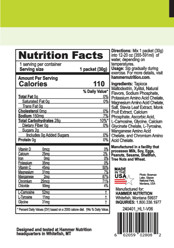 Hammer Nutrition - Box of 12 Single Servings, HEED 2.0, Lemon Lime