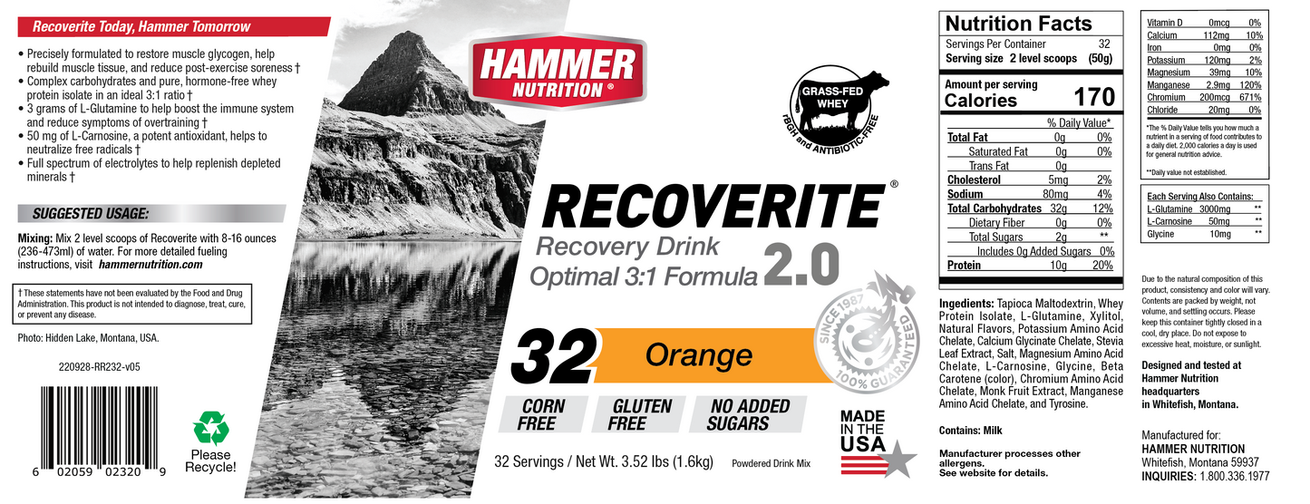 Hammer Nutrition - Recoverite 2.0 - Orange, 32 Serving Jug