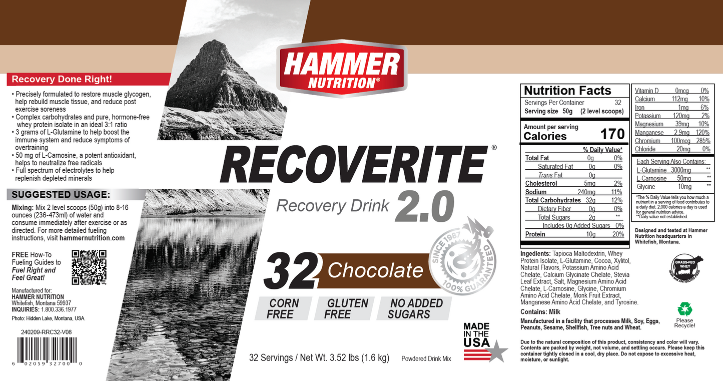 Hammer Nutrition - Recoverite 2.0, Chocolate, 32 Serving Jug