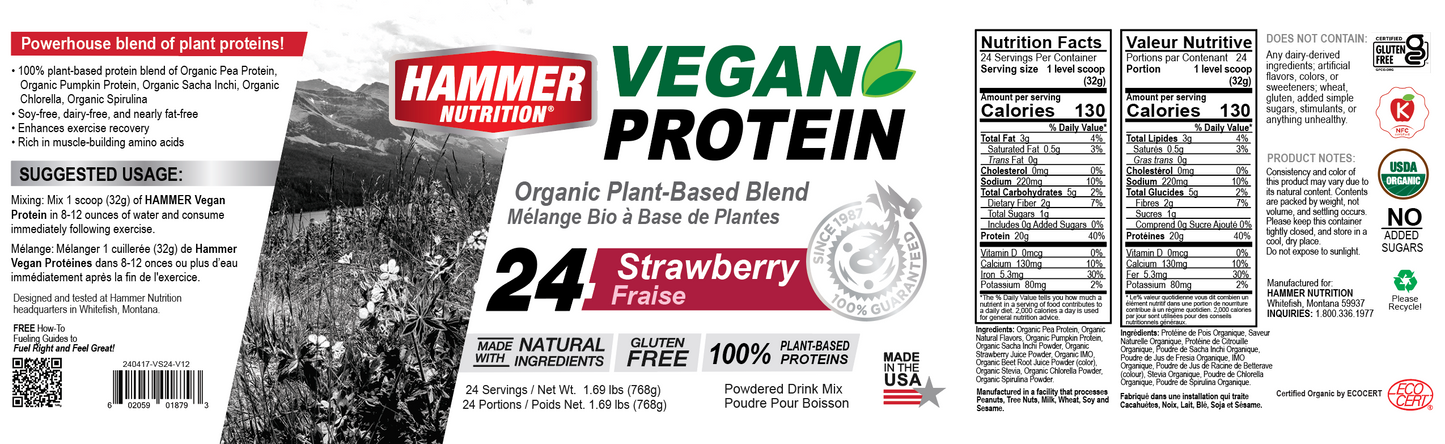 Hammer Nutrition - Organic Vegan Protein, Strawberry, 24 Servings