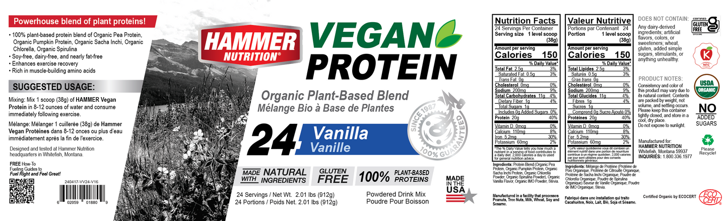 Hammer Nutrition - Organic Vegan Protein, Vanilla, 24 Servings
