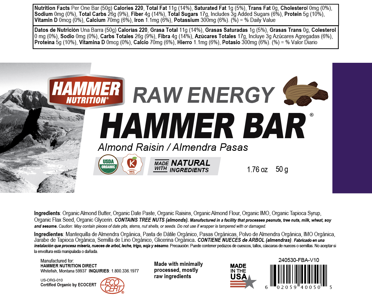 Hammer Nutrition - Raw Energy Food Bar, Box of 12, Almond Raisin