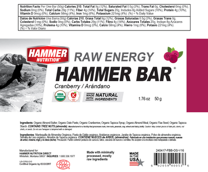 Hammer Nutrition - Raw Energy Food Bar, Box of 12, Cranberry