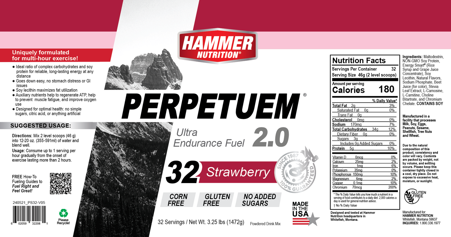 Hammer Nutrition - Perpetuem 2.0, Strawberry, 32 Servings