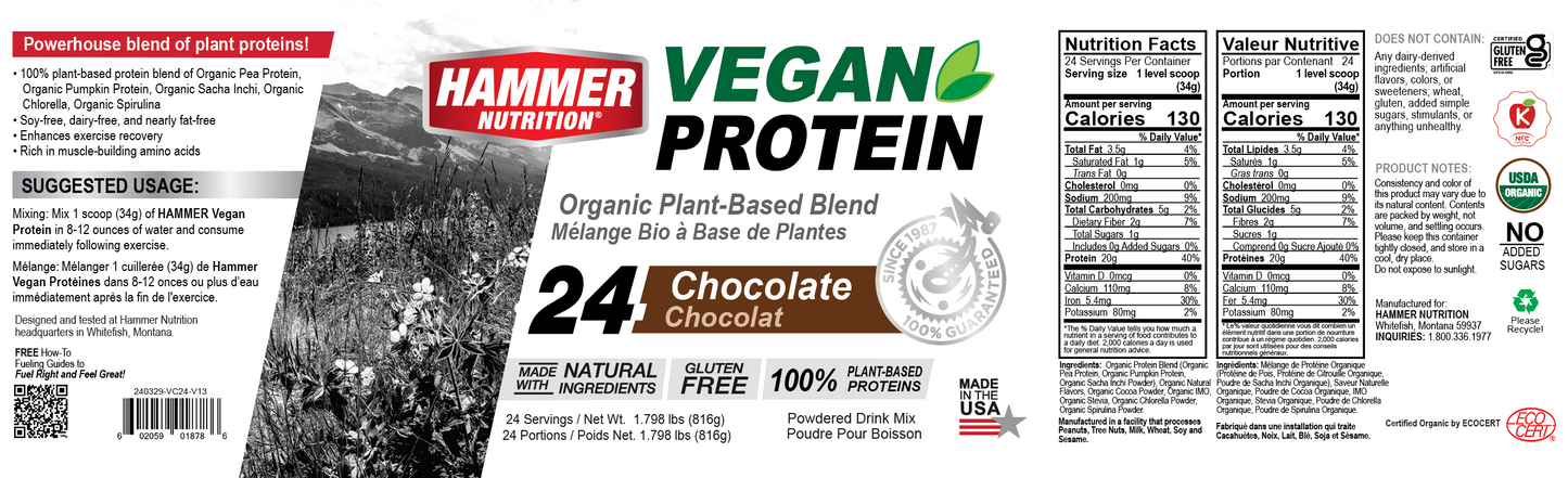 Hammer Nutrition - Organic Vegan Protein, Chocolate, 24 Servings