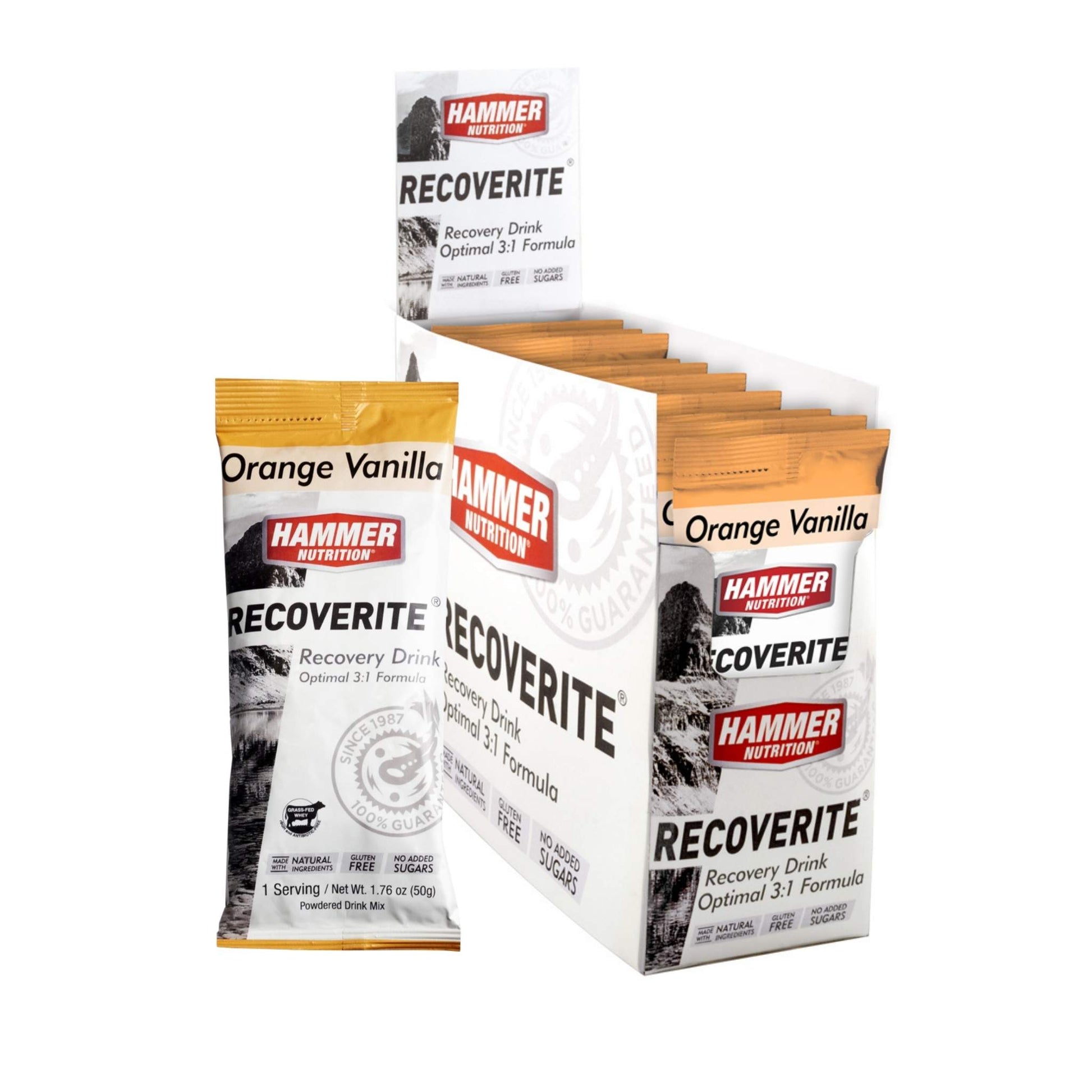 Hammer Nutrition - Recoverite, Orange Vanilla, Box of 12 Servings, Shown with Packaging, Team Perfect