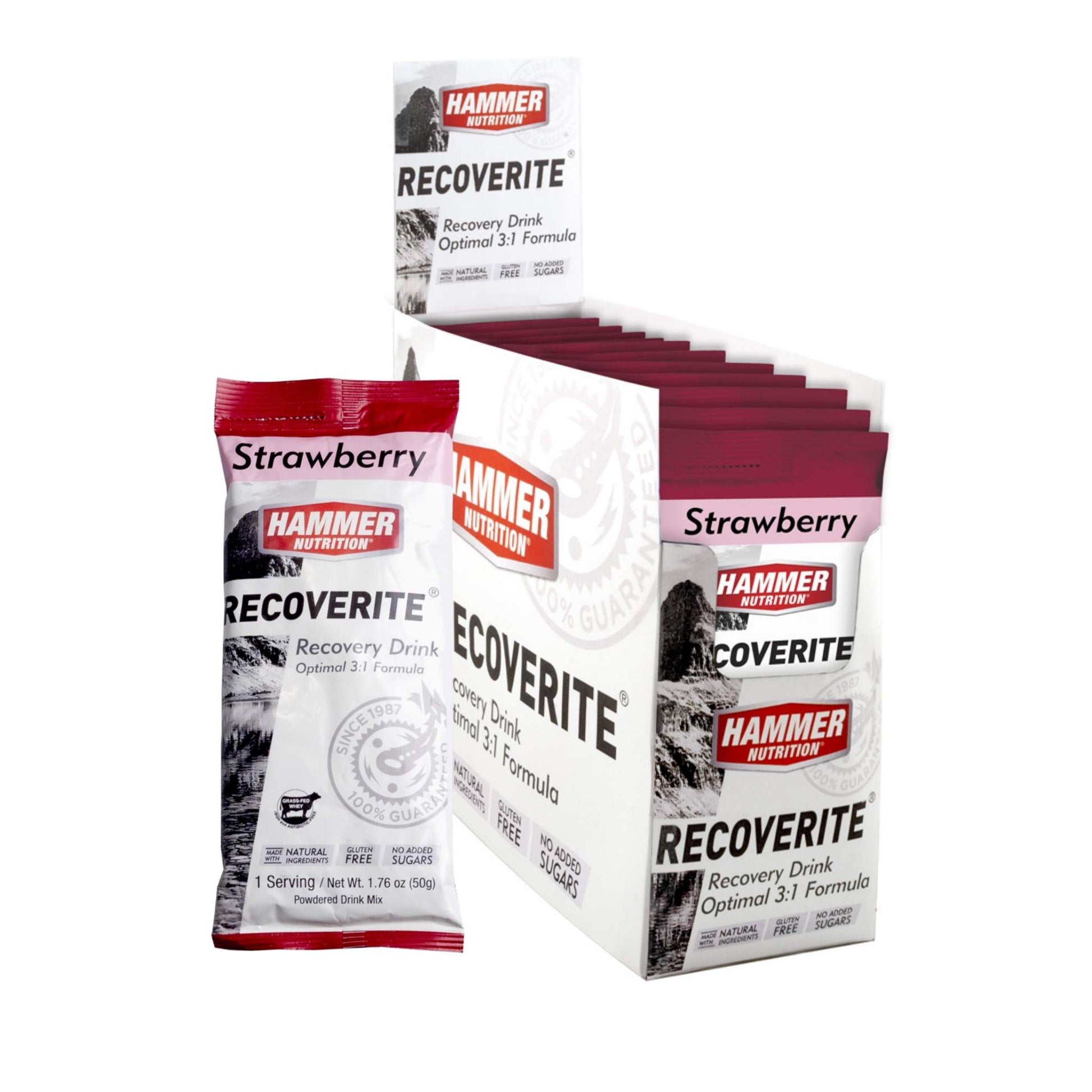 Hammer Nutrition - Recoverite, Strawberry, Box of 12 Servings, Shown with packaging, Team Perfect