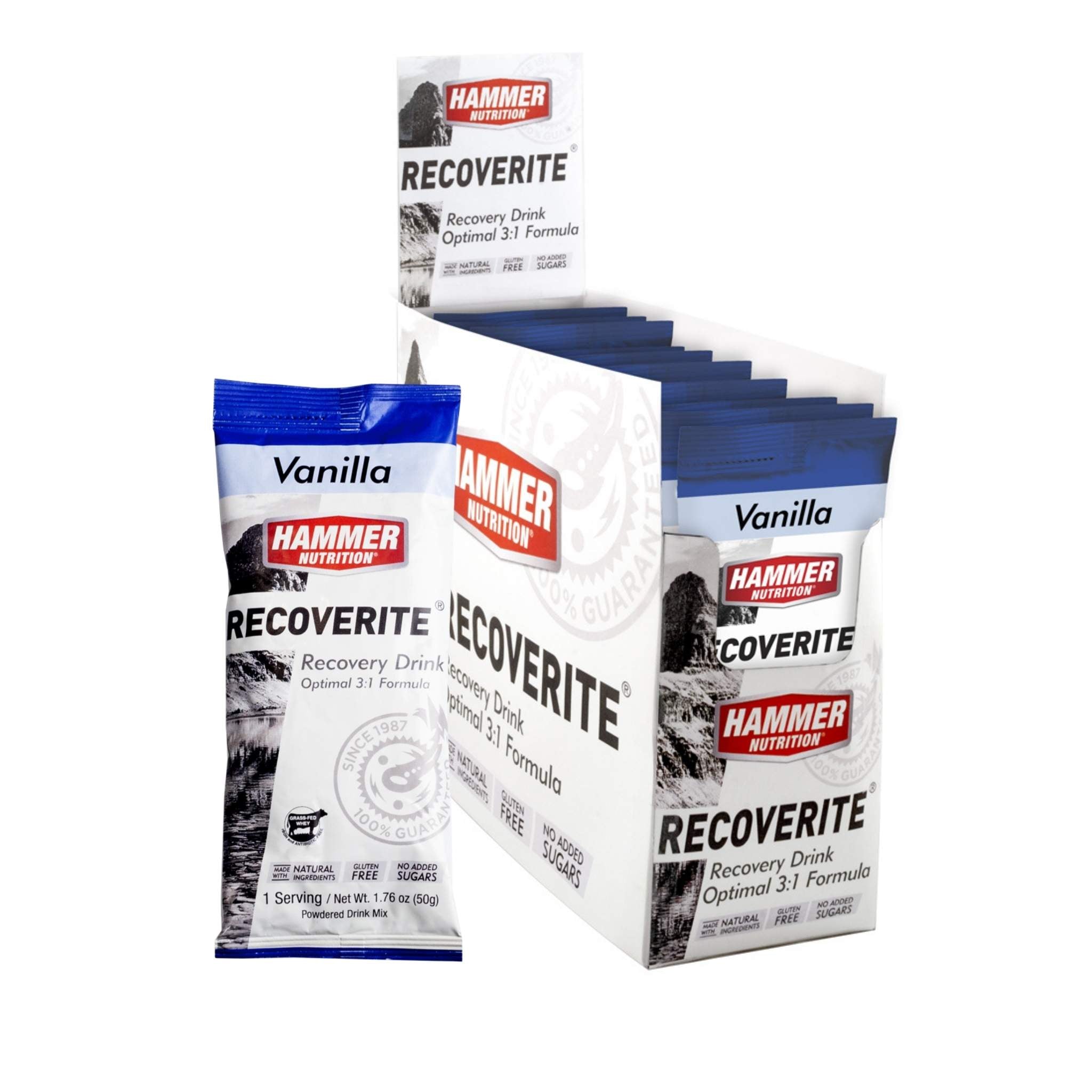 Hammer Nutrition - Recoverite, Vanilla, Box of 12 Servings, Shown with packaging, Team Perfect